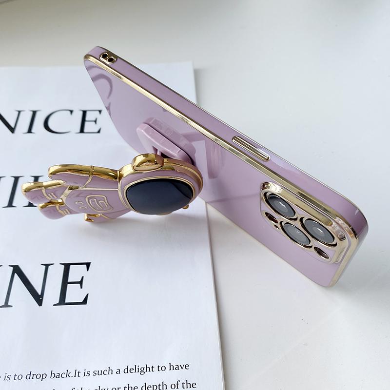 Suitable for iPhone Samsung Huawei Honor Infinix OnePlus OPPO Realme Xiaomi Redmi Vivo Cartoon Astronaut Folding Bracket Soft Plating TPU Phone Case