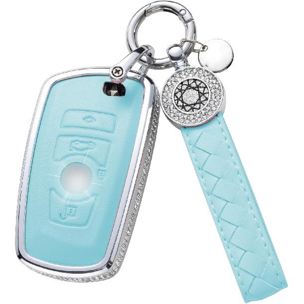for Volvo Key Fob Cover with Keychain, Blue Leather Rhinestone Key Case Protection Shell Compatible with XC90, XC60, XC40, S60, S90, V60, V90,