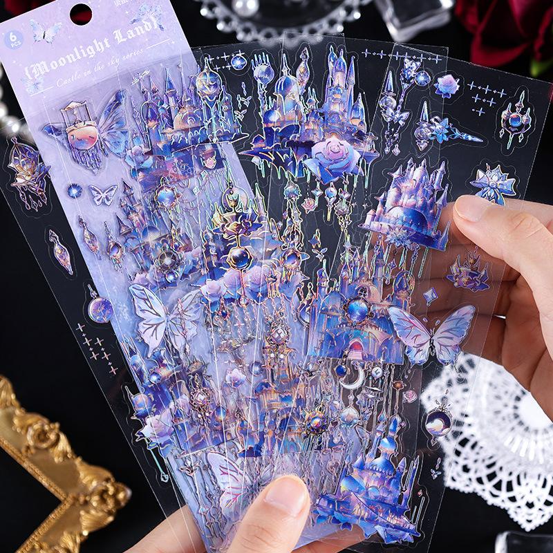 6 Sheets Long Strip Stickers Sky Castle Decorative Diary Album Scrapbooking Handmade DIY Junk Journal Supplies