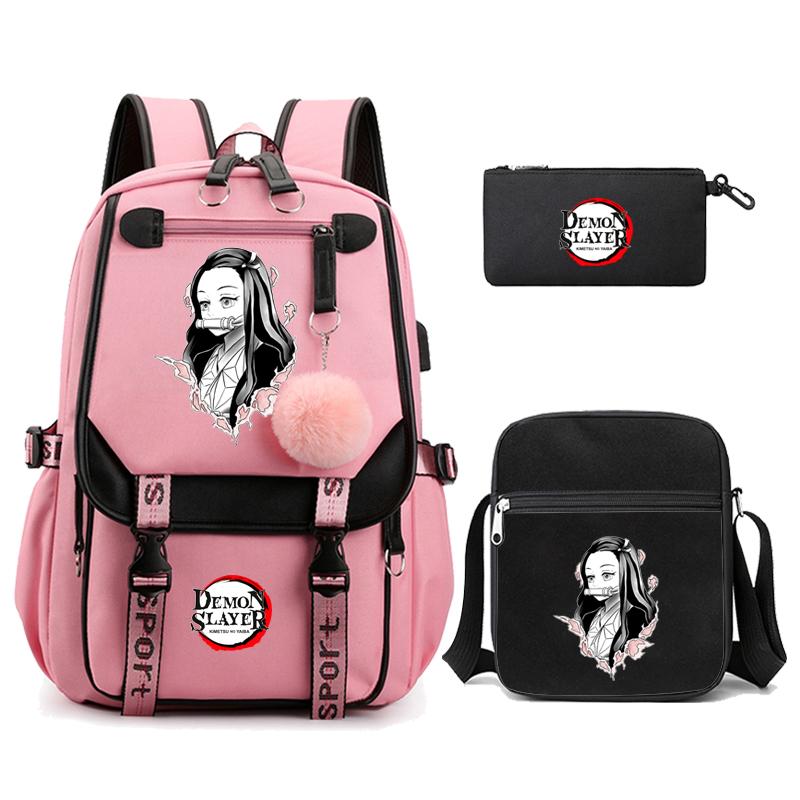 3Pcs/set Demon Slayer Kamado Nezuko Backpacks for Girls Anime School Bag Teenager Student Canvas Laptop Back Pack Women Rucksack