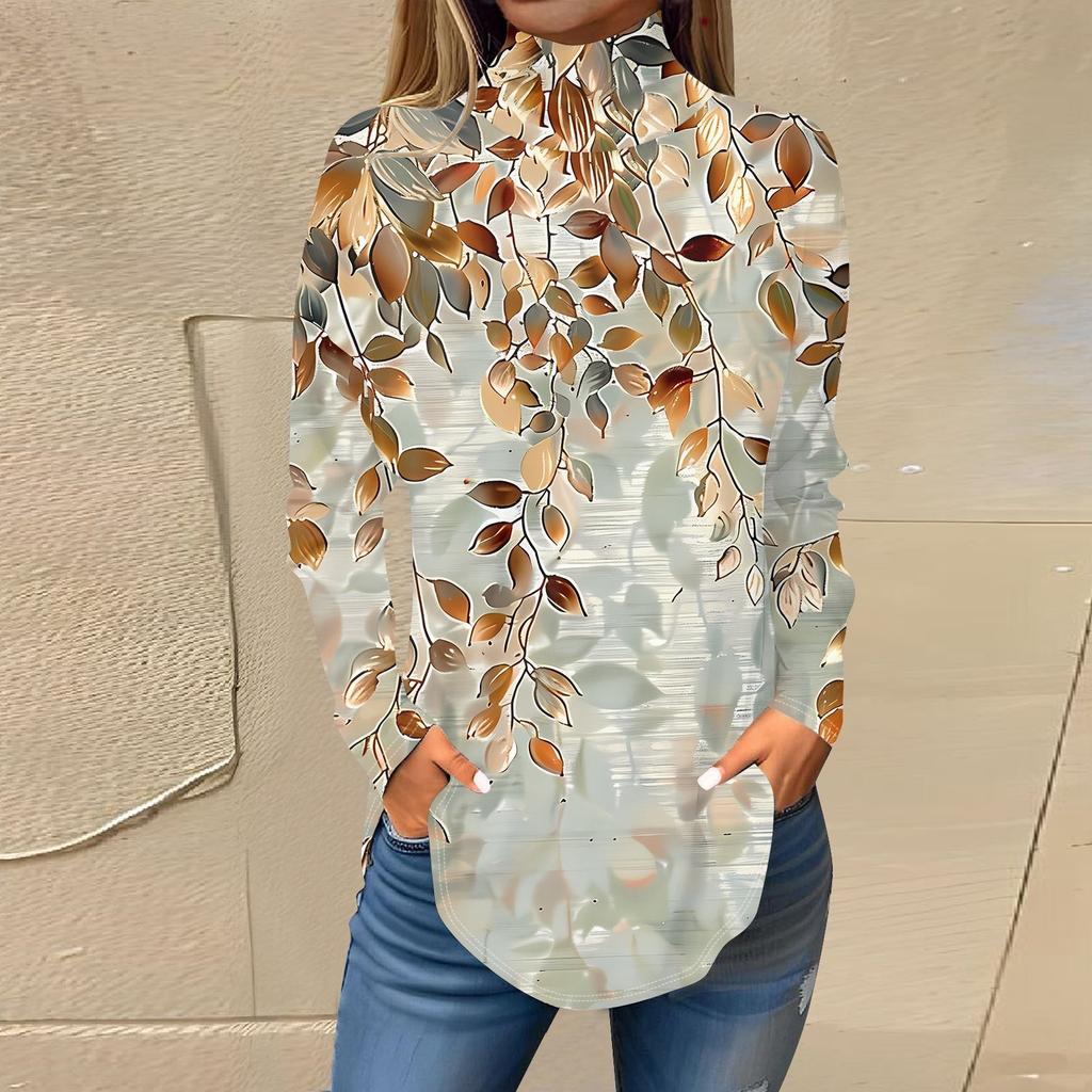 Женская модная повседневная футболка с длинным рукавом с высоким воротом и принтом, пуловер, топ