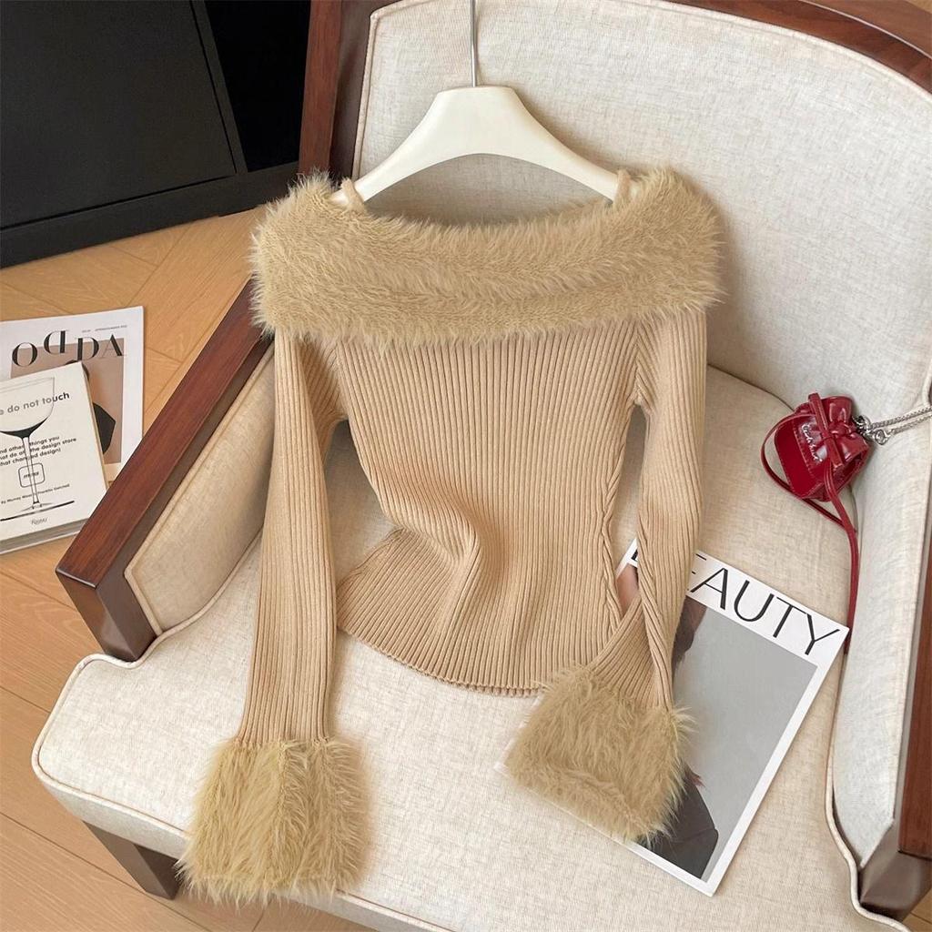 Шикарный французский женский свитер-топ на одно плечо с расклешенными рукавами - Облегающий пушистый базовый слой для осени/зимы.