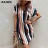 Женская мода лето весна полосатый принт короткий рукав V-образный вырез свободная талия повседневные платья