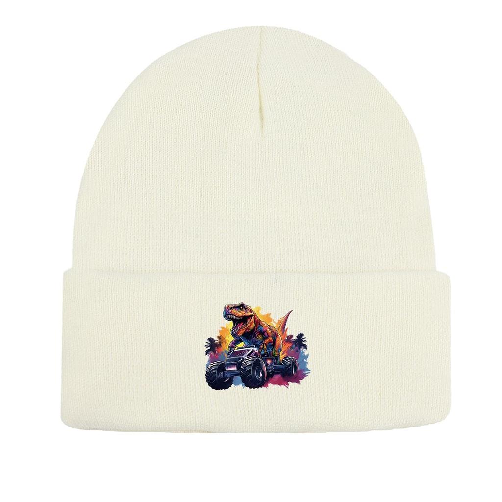 Monster Truck Dinosaur Print Knit Hat Beanie, Animal Skull Cap Stretchy Elastic Stylish Pompom Beanies Knitted Cap Beanie