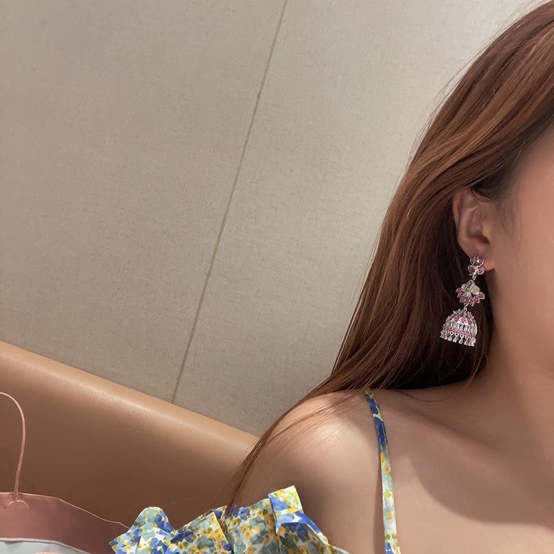 Light Luxury Wind Chimes Bell Earrings, Micro-Inlaid Color Zircon Birdcage Earrings, Exaggerated Personality, Unique Personality