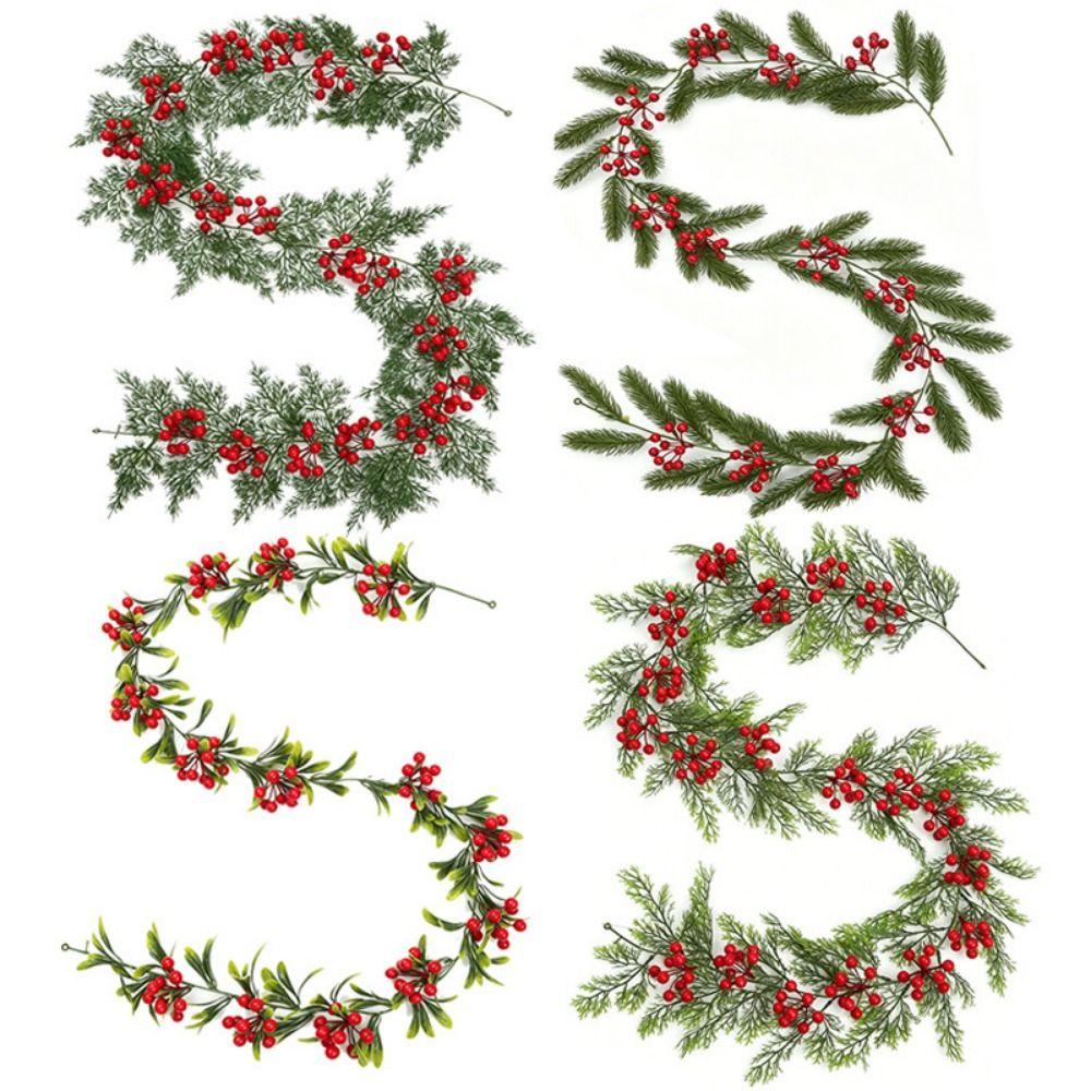 Green Leaves Christmas Red Berry Garland Red Berries Faux Pine Vine Home Decoration
