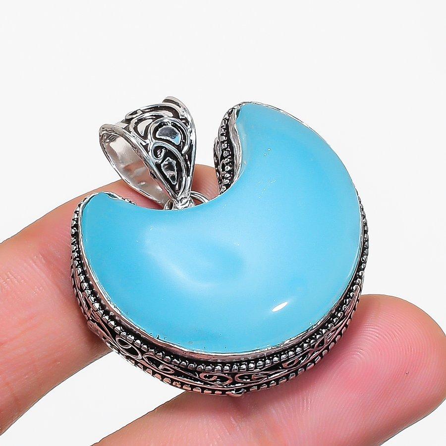 Blue Chalcedony Gemstone Handmade 925 Sterling Silver Jewelry Pendant 1.38" KJ-1596