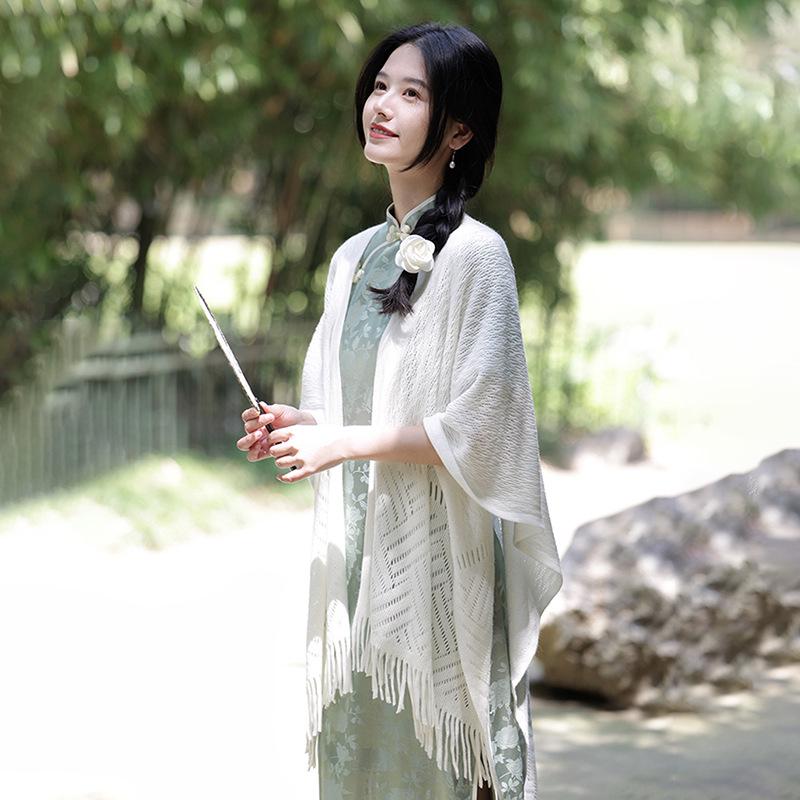 Тонкая шаль с кисточками цвета «кремовый»: Свежий художественный стиль для весны и лета с универсальным кардиганом-накидкой-шарфом Cheongsam