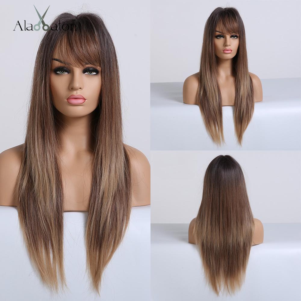 ALAN EATON Темно-коричневый синтетический парик с челкой, шелковистые прямые длинные многослойные парики для женщин, термостойкие для повседневного косплея и вечеринки