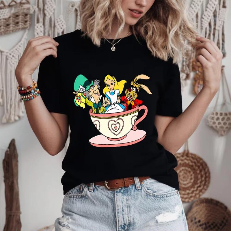 Disney Alice In Wonderland Teacup Trio Print Cotton T shirt For Women Casual Comfortable Daily Wear Soft Breathable Tee