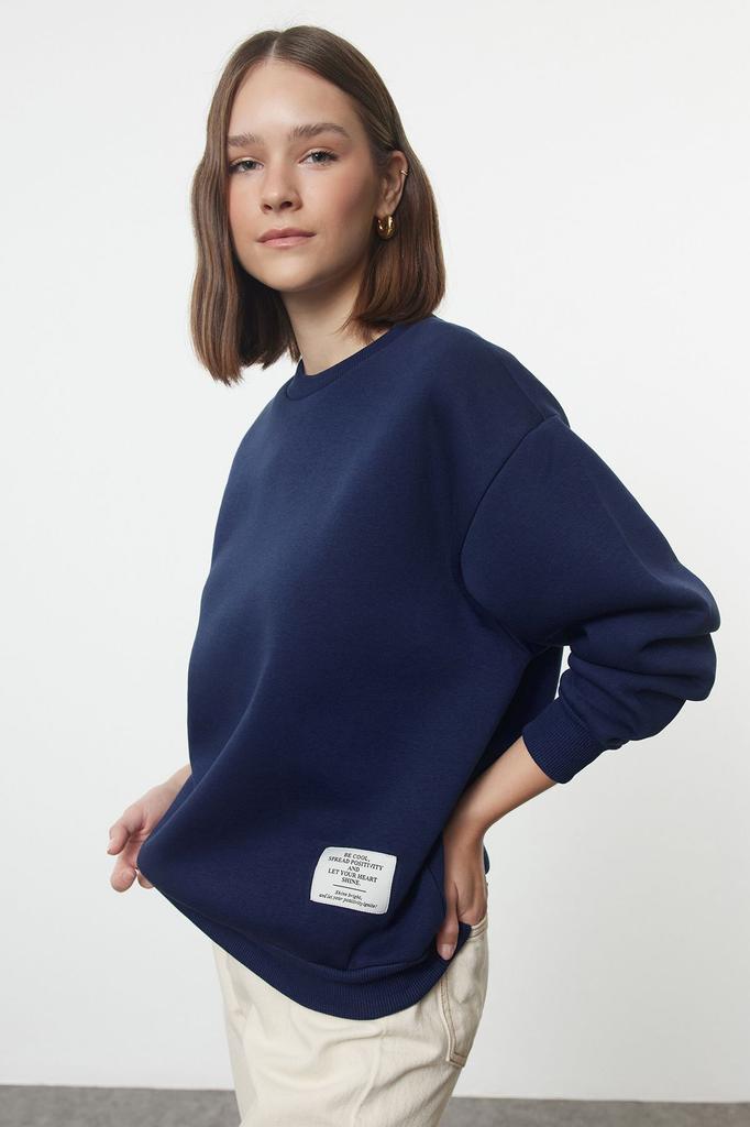 Women's Fashionable Stylish Sweatshirt Light Stone Label Detailed Regular Crew Neck Knitted Sweatshirt