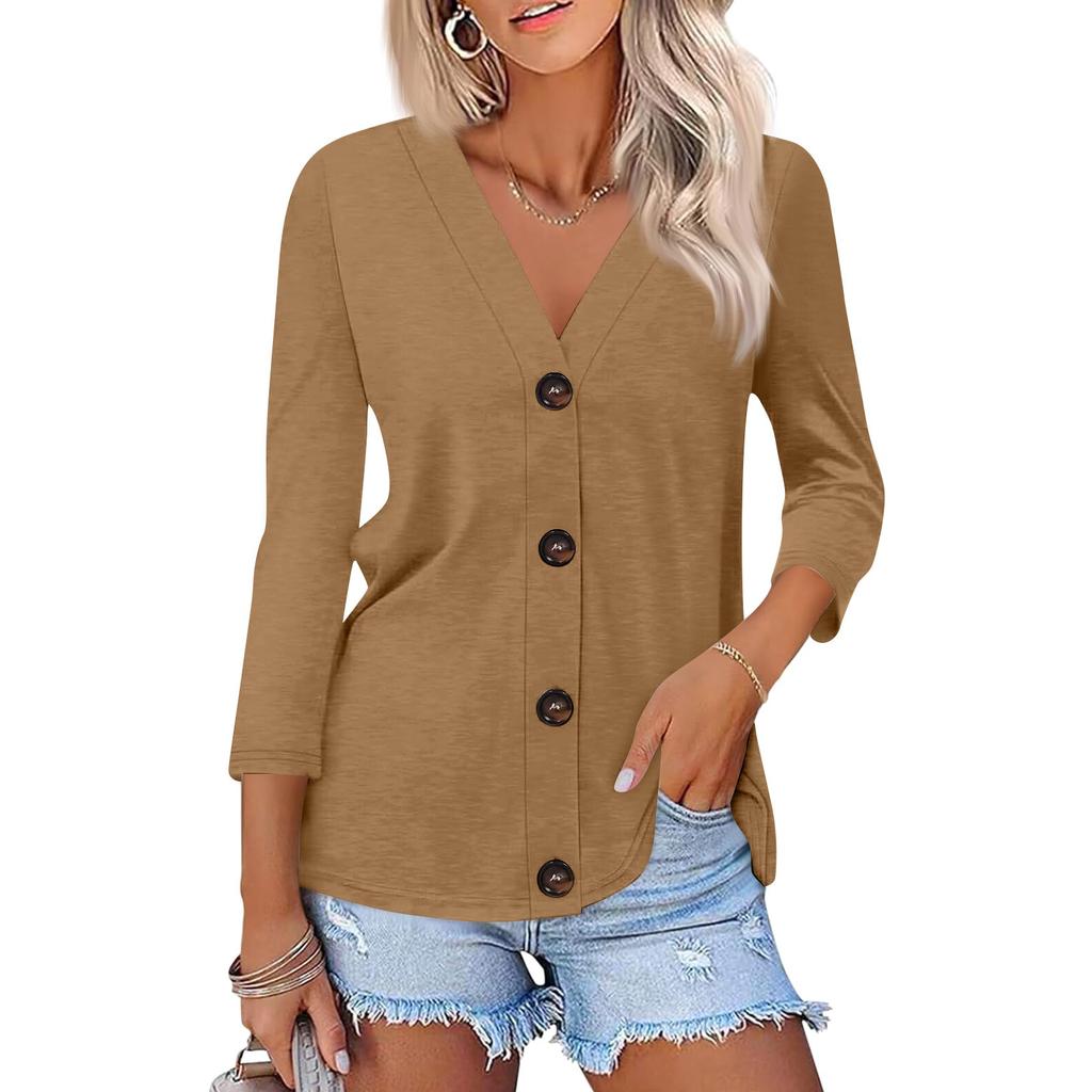 Women's Fashion Casual Print Button-down Shirt 3/4 Long Sleeve Tops