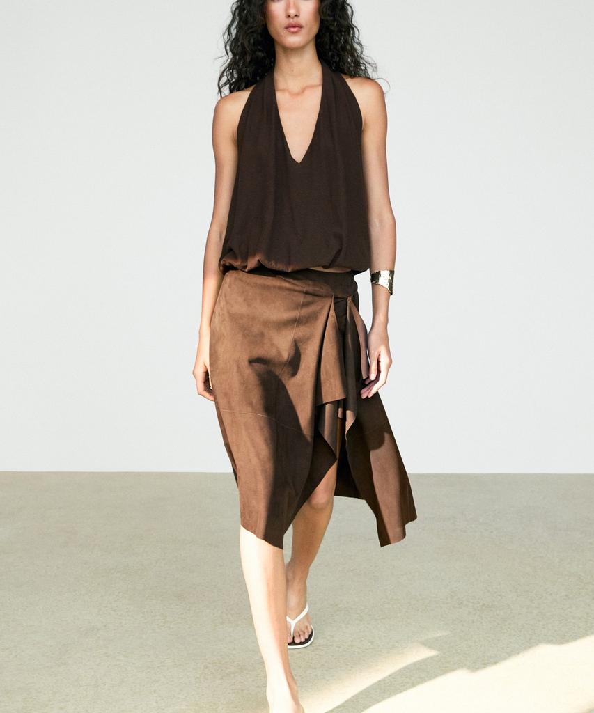 Masimodutti Suede Leather Ruffle Detail Midi Skirt