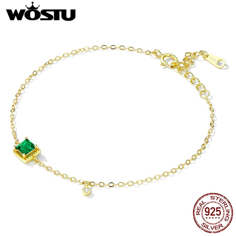 WOSTU Натуральный браслет из стерлингового серебра 925 пробы с блестящим квадратным зеленым цирконом для девочек, модная женская базовая цепочка, ювелирные украшения, подарок на вечеринку