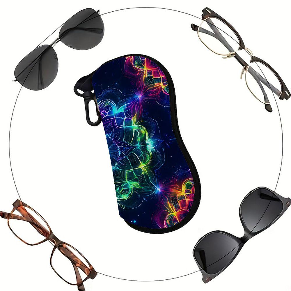 2D-Neon Glowing Mandala Print Protective Eyewear Holder, Stylish Sunglasses Case, Portable Zipper Pouch for Travel, Durable Zipper Eyeglass Organizer