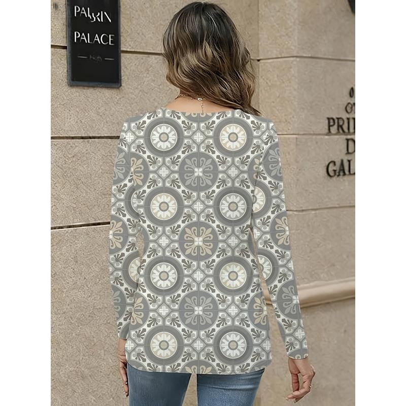 Women Casual Long Sleeve V Neck T Shirt Geometric Floral Leaf Motif Round Design Daily Wear Lightweight Soft Comfy Fashion Top