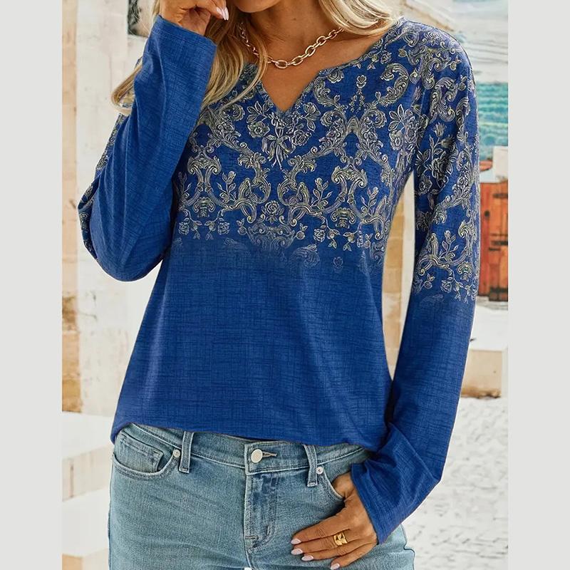 Модные женские пуловеры с длинным рукавом и V-образным вырезом, футболка, блузка, топ с цветочным принтом