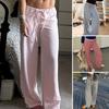 Women Casual Pants Straight Wide Leg Striped Print Long Trousers Adjustable Waist Strap