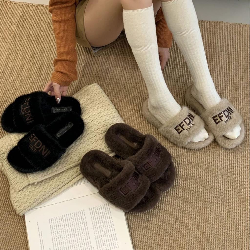 2025 New Autumn and Winter Mao Mao One-word with Open Toes and Half Tows, Wearing Mao Mao Open Toes Commuter Women's Warm Slippers