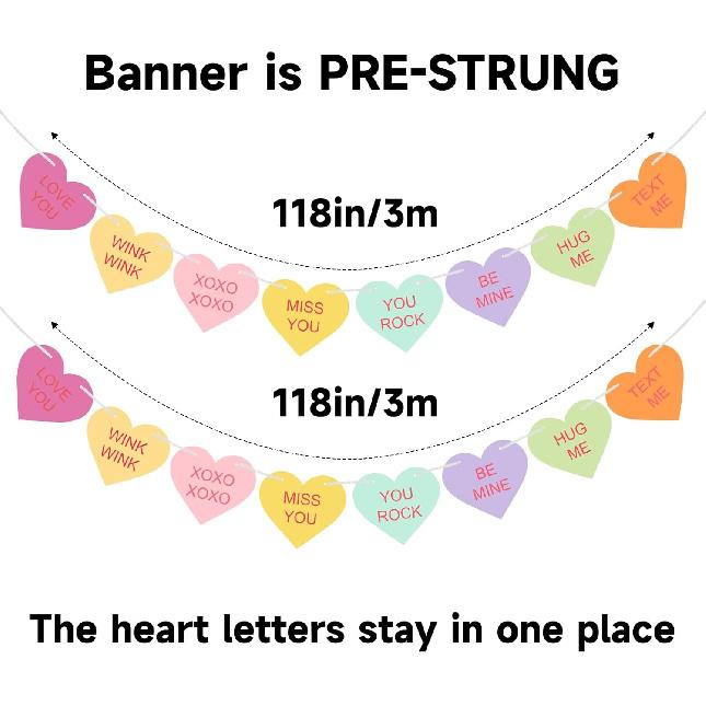 Valentines Conversation Hearts Candy Banner No DIY Valentines Day Heart Garland with 16Pcs Heart, 2Pack Pre-Strung Valentines Garland Heart Banner