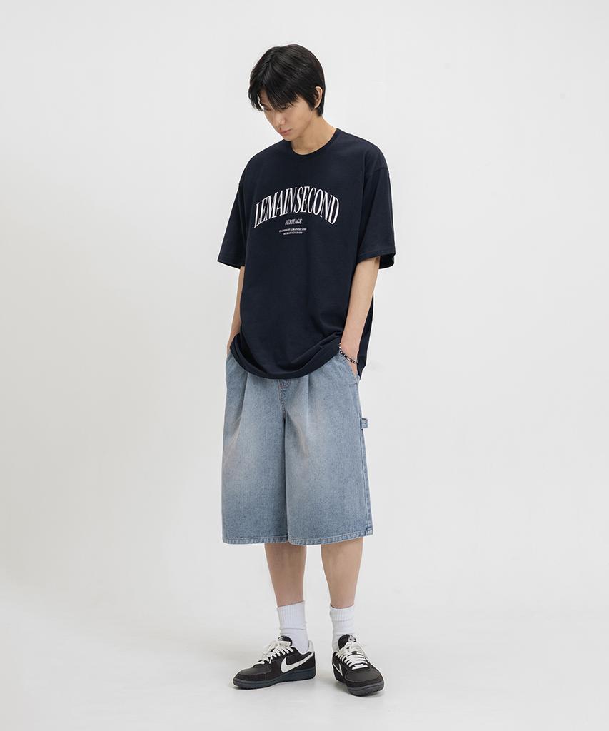 LEMAIN SECOND Bermuda Wide One-Pleat Carpenter Denim Elastic Waist Shorts [Light Wash]