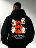 Men's Black Hooded Sweatshirt Cute Pumpkin Print Cotton Blend Pullover Loose Street Style Kangaroo Pocket Outdoor Sports and Daily