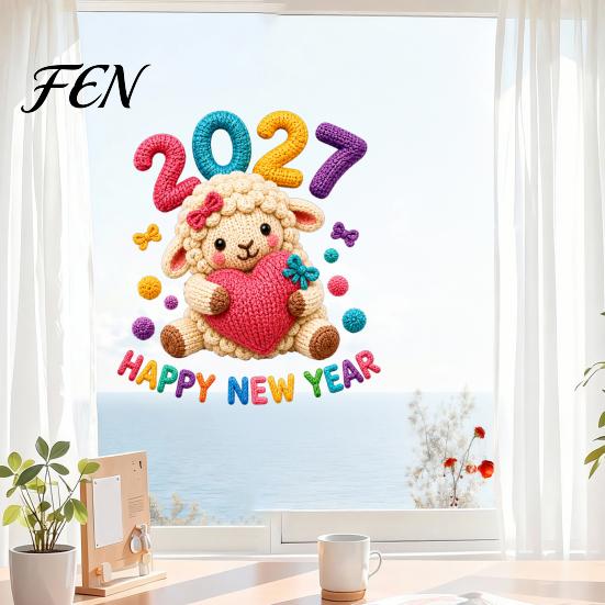 Colorful Festive Glass Clings Chinese New Year Window Stickers, 2027 Goat Static Clings, Cute Removable PVC Stickers Crochet Knit Sheep Decals,