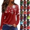 Women's Fashion Casual Slit Hem Round Neck Long Sleeve Loose Printed T-Shirt Ladies Top Christmas