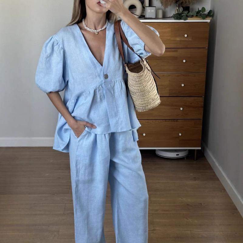 Комплект из хлопка, однотонный, с V-образным вырезом, короткими рукавами, топом и широкими брюками, повседневный женский комплект из 2 предметов, простой повседневный комплект из длинных брюк, весна-лето 2025 г.