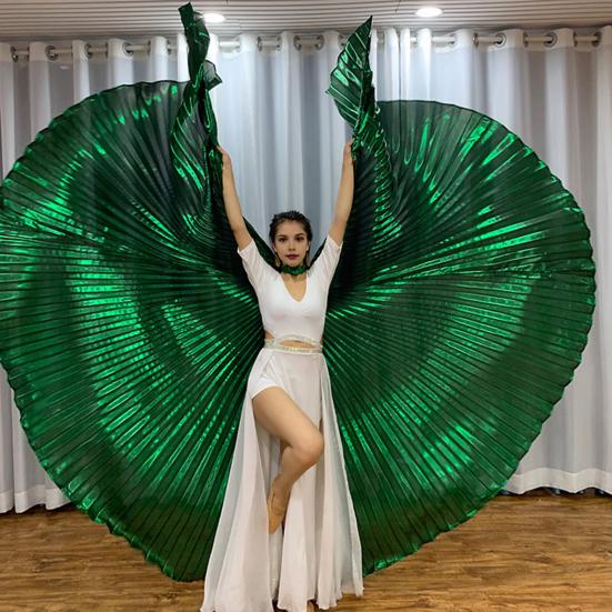 1 Set Performance Telescopic Rod 360 Wings Egyptian Degree Belly Dance Cape with Costume Pleated Bright