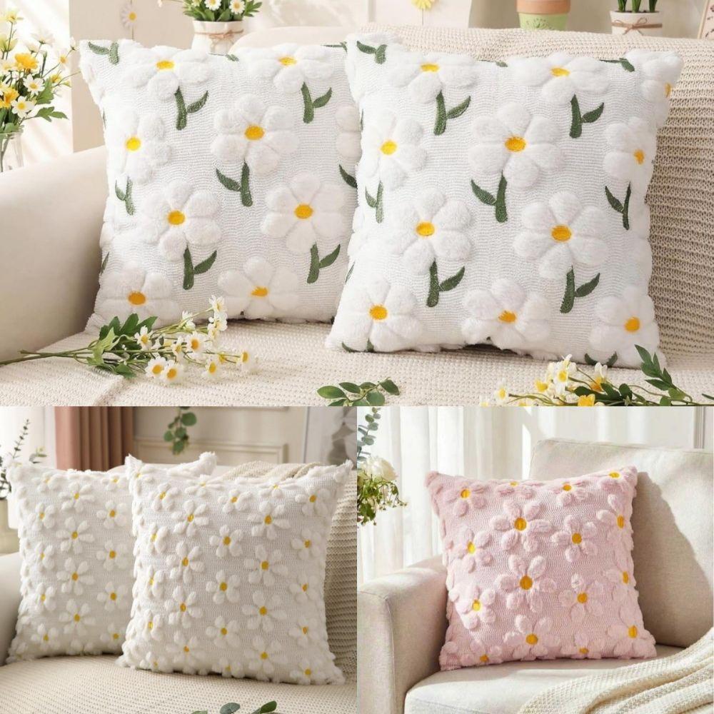 Embroidery Daisy Spring Pillow Covers Soft Plush Throw Pillow Cases Home Sofa Decor