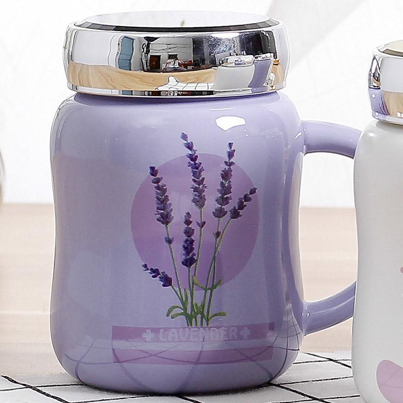 Lavender Cartoon Ceramic Water Mug with Cover,Mirror Seal Leakproof Mug Fashion Cup Milk Juice Cup Home Office Drinkware 500ml