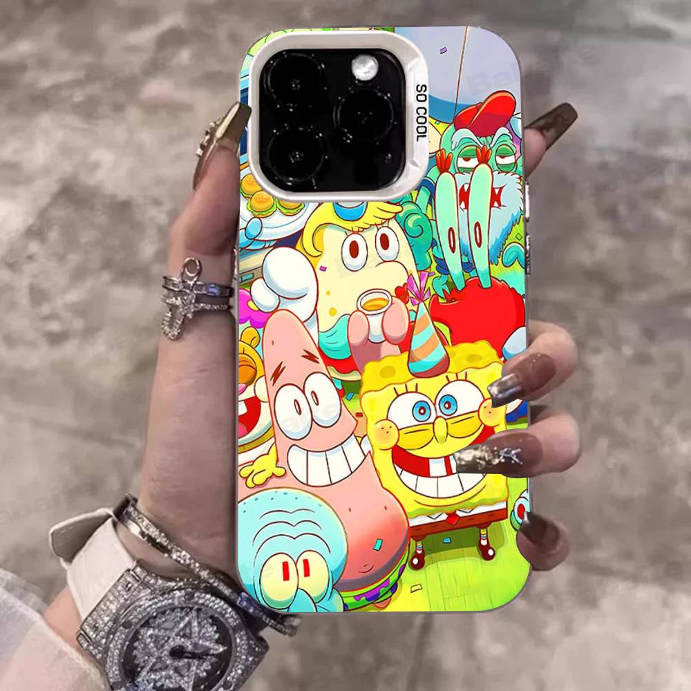 Мультяшный Милый S-Губка Боб Аниме Чехол для Телефона Для IPhone 17 16 15 14 11 12 13 Pro Max Pro Plus Цветной Серебристый Чехол