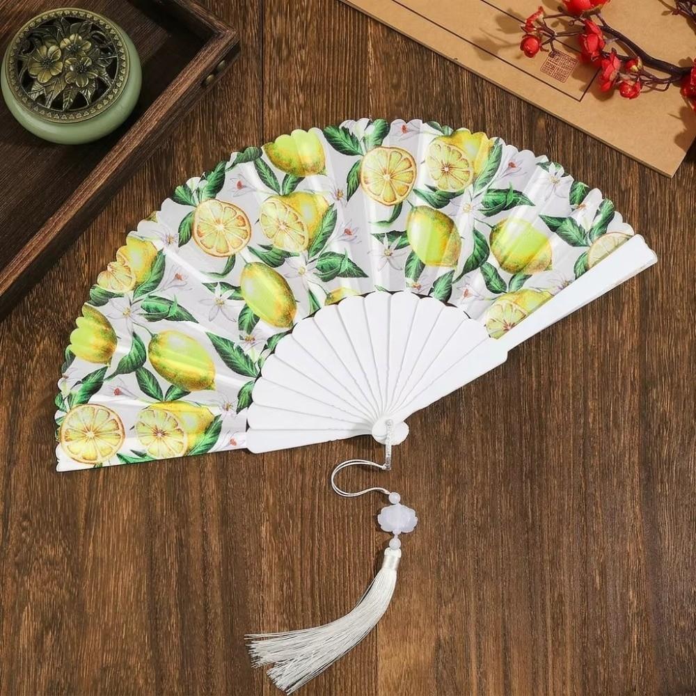 Fruit Pattern Handheld Fan Lemon Design Portable Fan Casual Fabric Tassel Fan Women