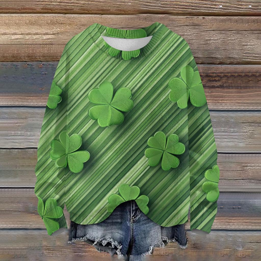 Женская мода вскользь с длинным рукавом St. Вязаный топ с круглым вырезом и принтом ко Дню Святого Патрика