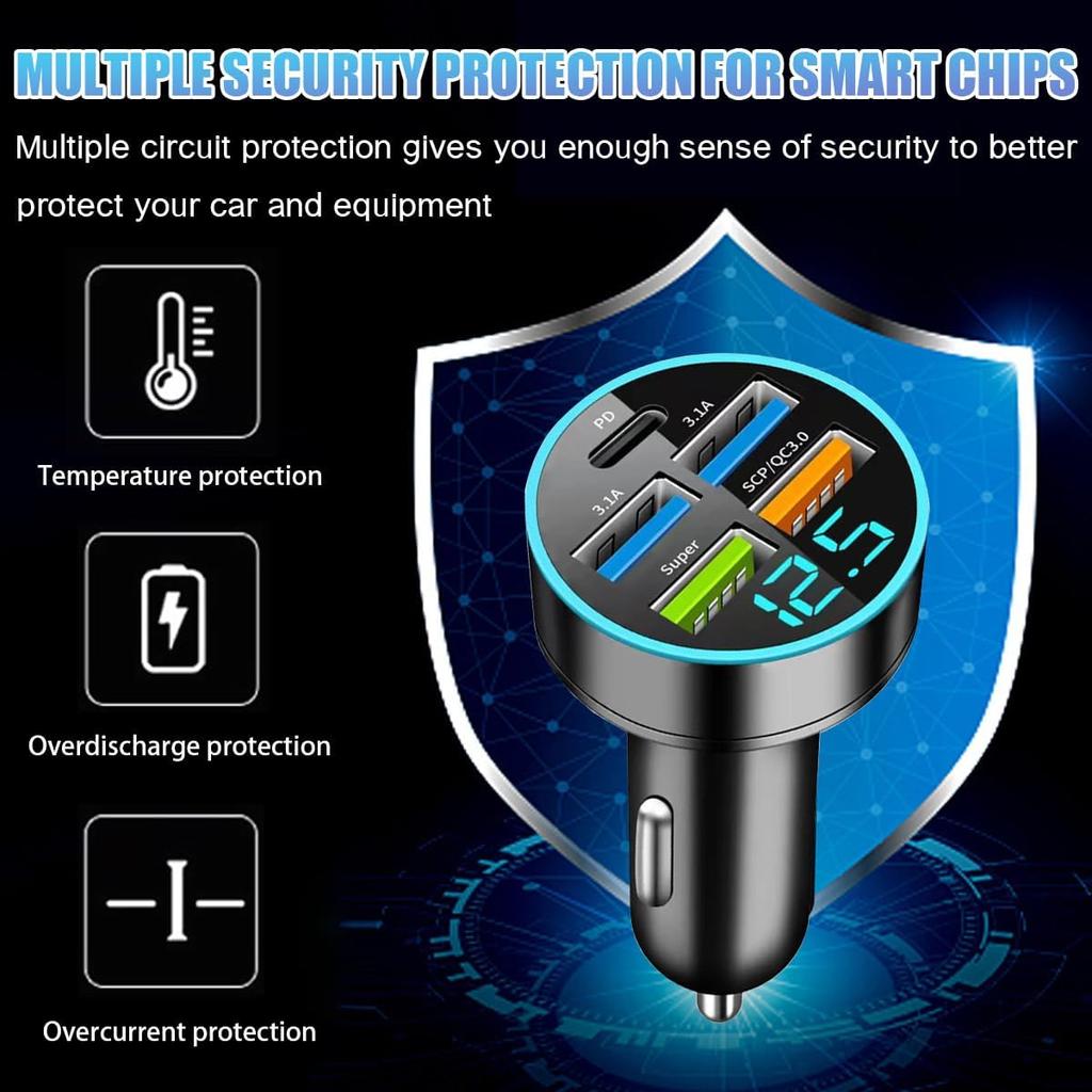 66W 5 Port Car Charger, 12-24V Quick Charge Automotive Fast Charging with USB PD Super QC 3.0 Cigarette Lighter Plug, Universal for SUV Truck RV 15