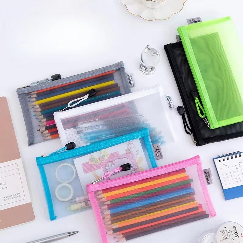 Mesh Pencil Pouches With Transparent Design And Durable Zipper Perfect For School Exams Office Daily Storage
