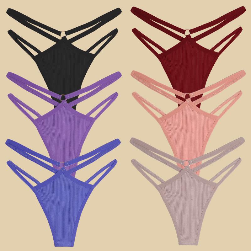 FINETOO 6Pcs Cotton Double Belts Underwear Women Sexy Metal Ring Thongs Low Waist Erotic Lingerie Breathable Comfort Intimates
