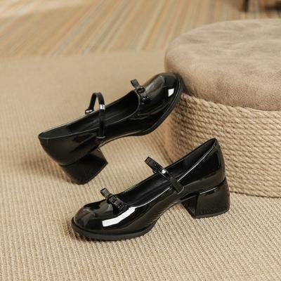 Весенние туфли Мэри Джейн на толстом каблуке для женщин, неглубокие, повседневные женские туфли с бантом-бабочкой, элегантные кожаные туфли для платья