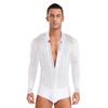 Men Latin Dance Leotard Mesh Long Sleeve Deep V Neck Velvet Shiny Rhinestones Bodysuit