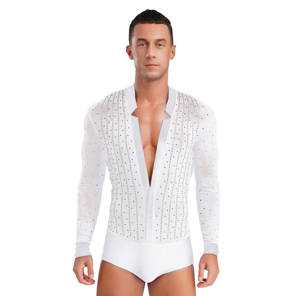 Men Latin Dance Leotard Mesh Long Sleeve Deep V Neck Velvet Shiny Rhinestones Bodysuit