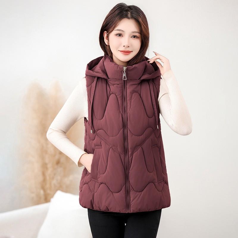 Womens Hooded Puffer Vest Short Warm Cotton-Padded Sleeveless Jacket Casual Korean Style