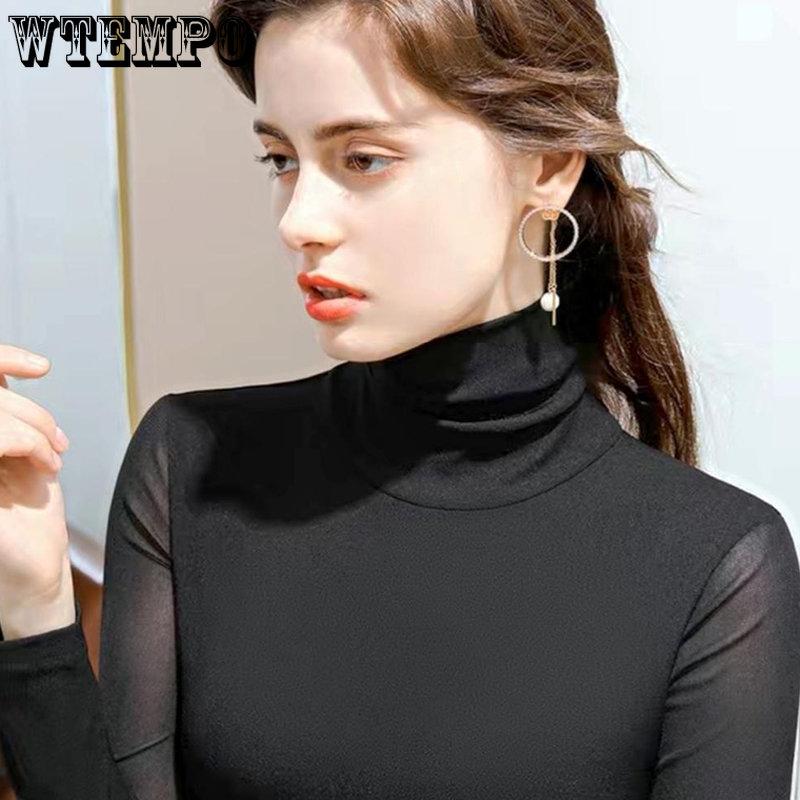 WTEMPO Корейские эластичные сетчатые рубашки с высоким воротом, женские весенне-осенние простые однотонные тонкие футболки с длинными рукавами