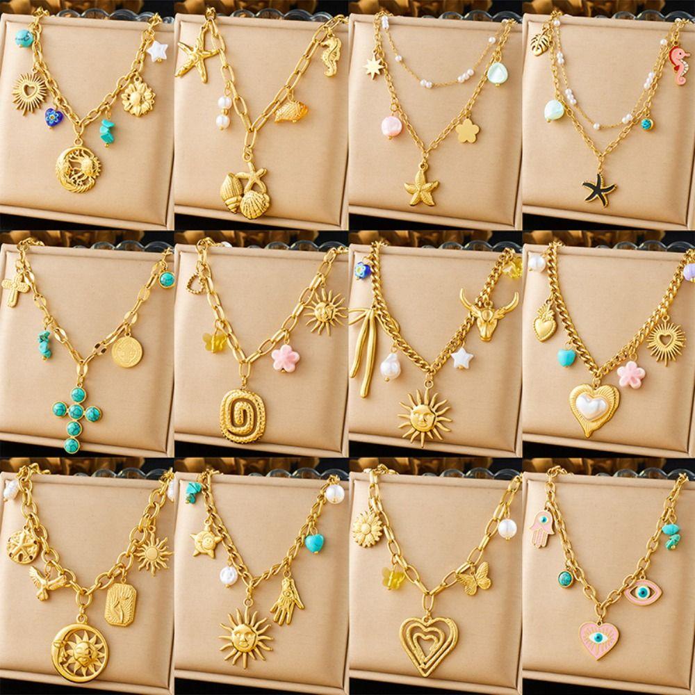 Metal Chain Ocean Pendant Necklace Vintage Multilayer Pearl Necklace Eyes of Demon Necklace  Party