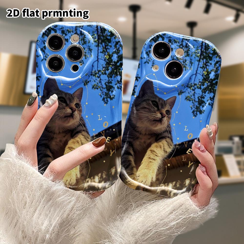 Phone case: 2D flat design suitable for iPhone 18 17 16 15 14 13 Pro protective case, cat looking up, perfect Christmas and Halloween holiday gift
