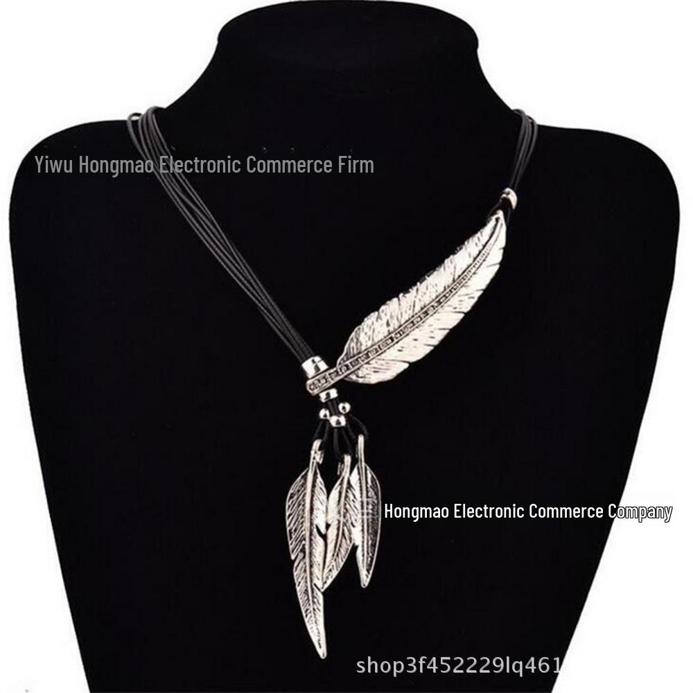 European & American Black Leather Feather Diamond Tassel Necklace - Multi-layer Women's Clavicle & Sweater Chain