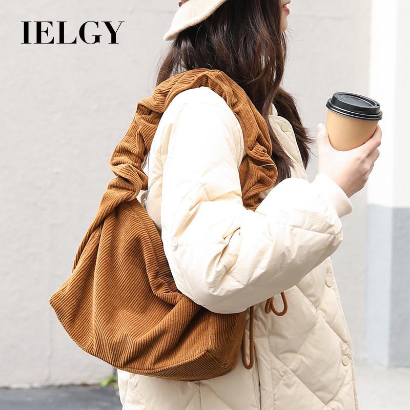 IELGY Japanese Casual Literary Canvas Bag, Retro Corduroy Shoulder Bag, Fashionable Drawstring Messenger Women's Bag