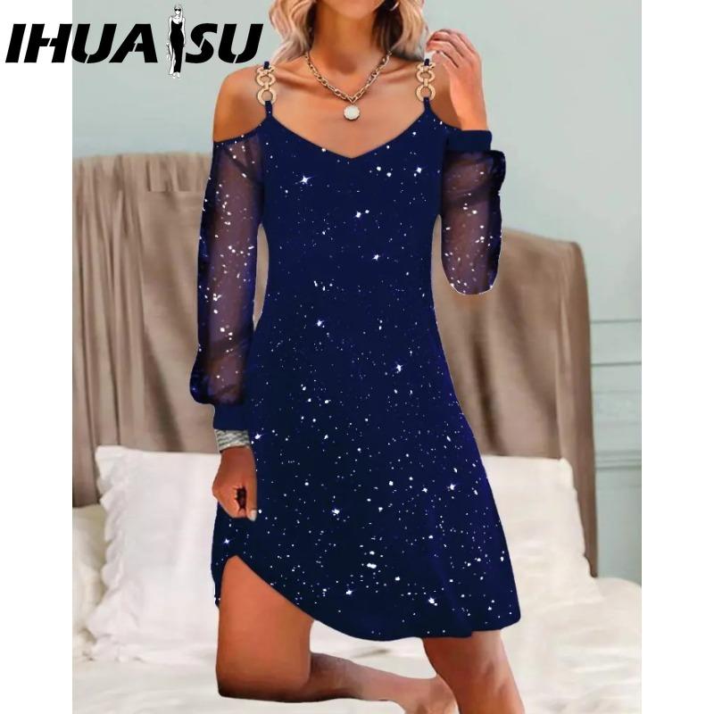 IHUASU Женская мода весна осень однотонный принт с длинным рукавом и v-образным вырезом с высокой талией повседневные платья