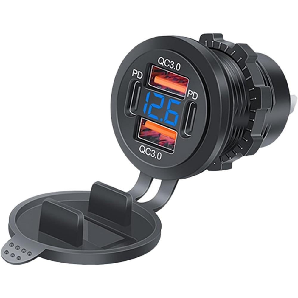 Автомобильное зарядное устройство PD QC3.0 мощностью 65 Вт с 4 портами и светодиодным дисплеем напряжения — быстрая зарядка для iPhone/Samsung/Huawei с водонепроницаемым чехлом