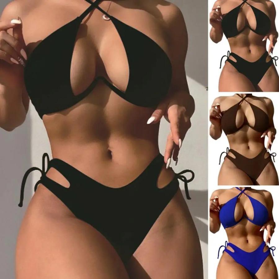 Женский купальник, стильный женский летний комплект бикини с бюстгальтером на шее, трусы с высокой талией и шнуровкой, быстросохнущий купальный костюм для пляжа
